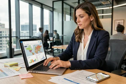 Consultante SEO analysant des données de référencement géographique et local sur un tableau de bord analytique en agence digitale moderne