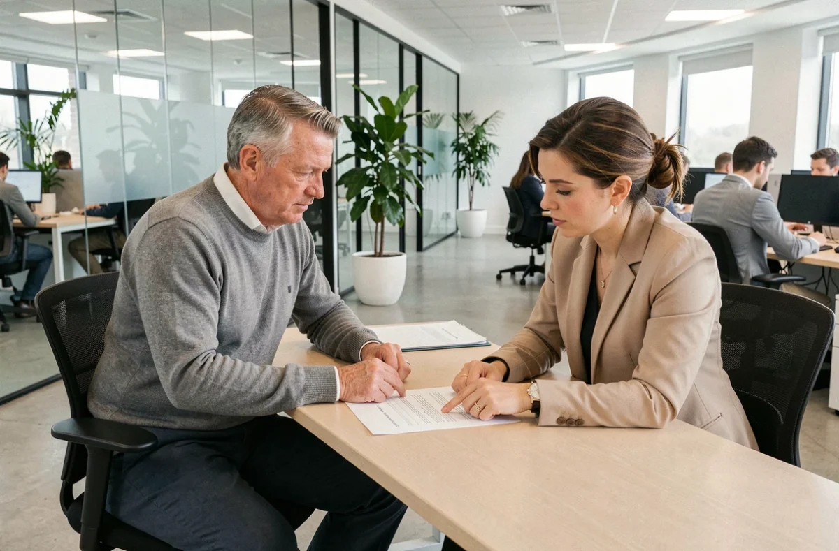 Employé discutant de ses cotisations Urssaf avec un conseiller RH dans un bureau d'entreprise après un changement de statut