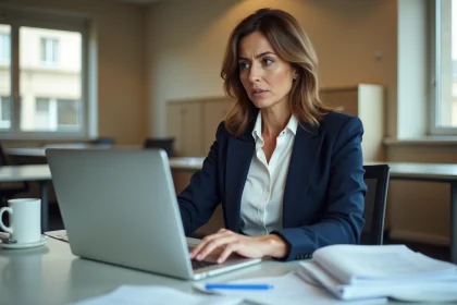 Agente contractuelle de la fonction publique consultant le portail MaBoxRH sur son ordinateur dans un bureau administratif