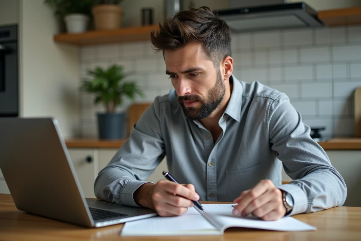 Homme consultant son dossier de candidature en ligne depuis son domicile, prenant des notes pour corriger ses erreurs sur Réseau TEE