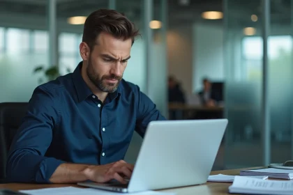 Courtier en assurance masculin frustré face à un message d'erreur de connexion sur l'extranet AXA Courtage