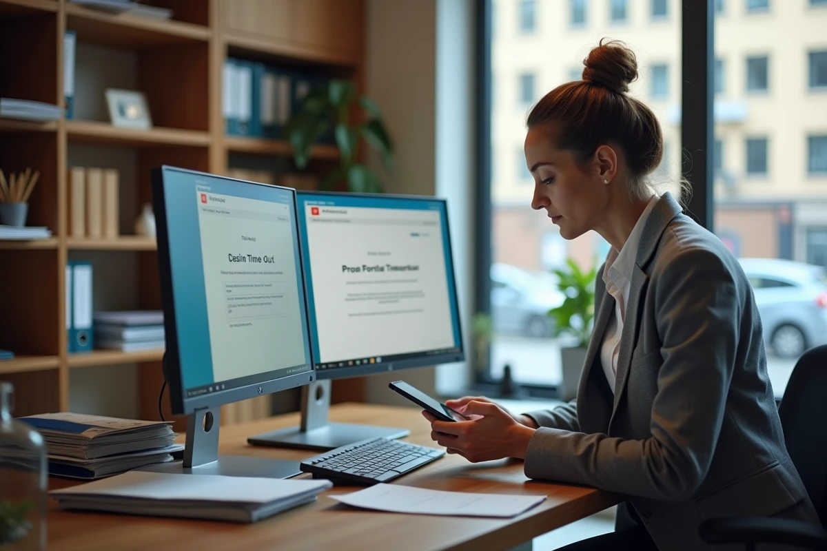 Courtière en assurance consultant un portail extranet avec une notification de session expirée sur double écran