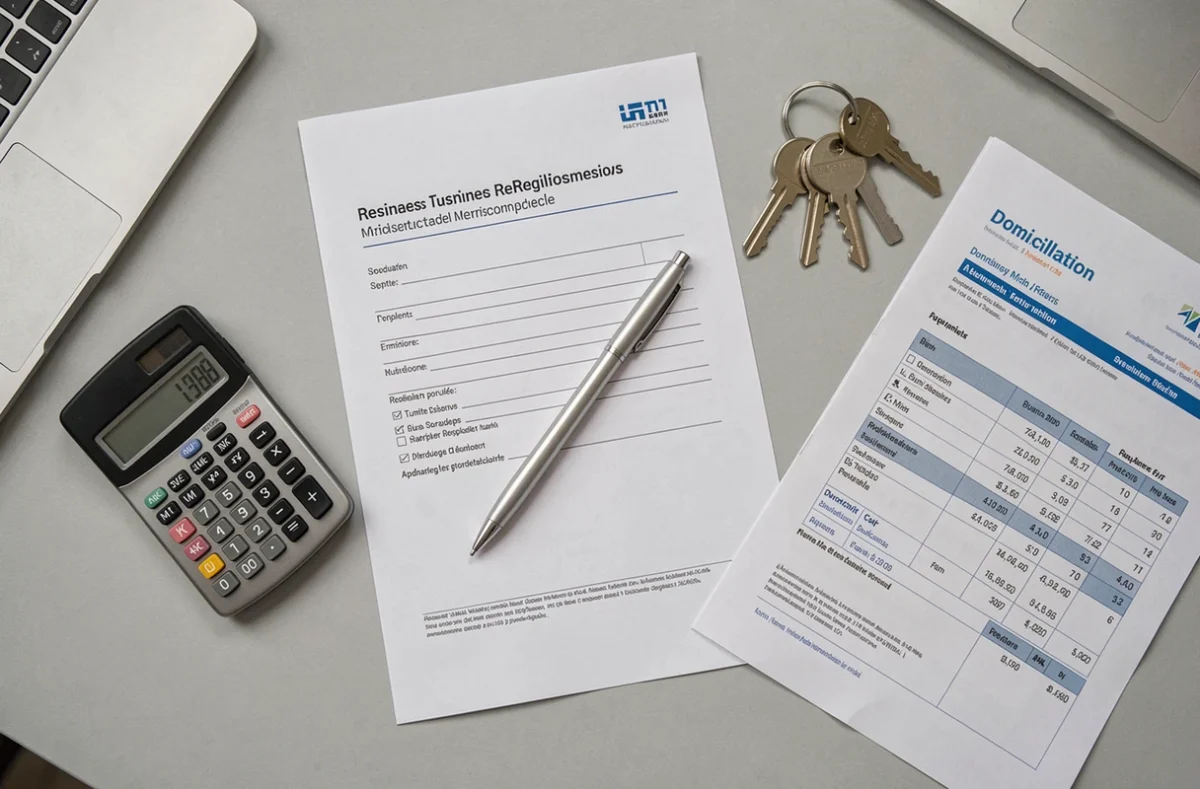 Documents et calcul du coût d'une domiciliation d'entreprise pas chère dans le 93 posés sur un bureau
