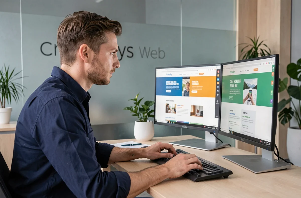 Designer web de l'agence Crealys Web travaillant sur une interface de site internet moderne dans un studio épuré