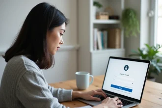 Femme créant un compte sécurisé en ligne sur un ordinateur portable dans un bureau à domicile moderne