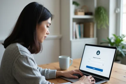 Femme créant un compte sécurisé en ligne sur un ordinateur portable dans un bureau à domicile moderne