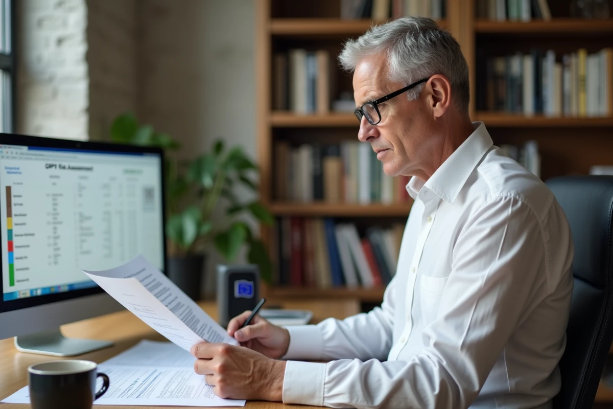 Délégué à la protection des données examinant un rapport d'analyse de risques RGPD dans un bureau privé