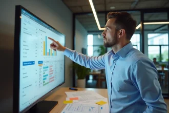 Chef de projet devant un tableau de bord ERP lors du déploiement d'un PGI en entreprise