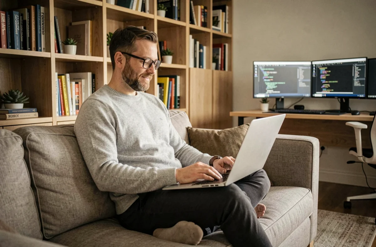 Développeur informatique en télétravail cherchant une mission en portage salarial depuis son bureau à domicile