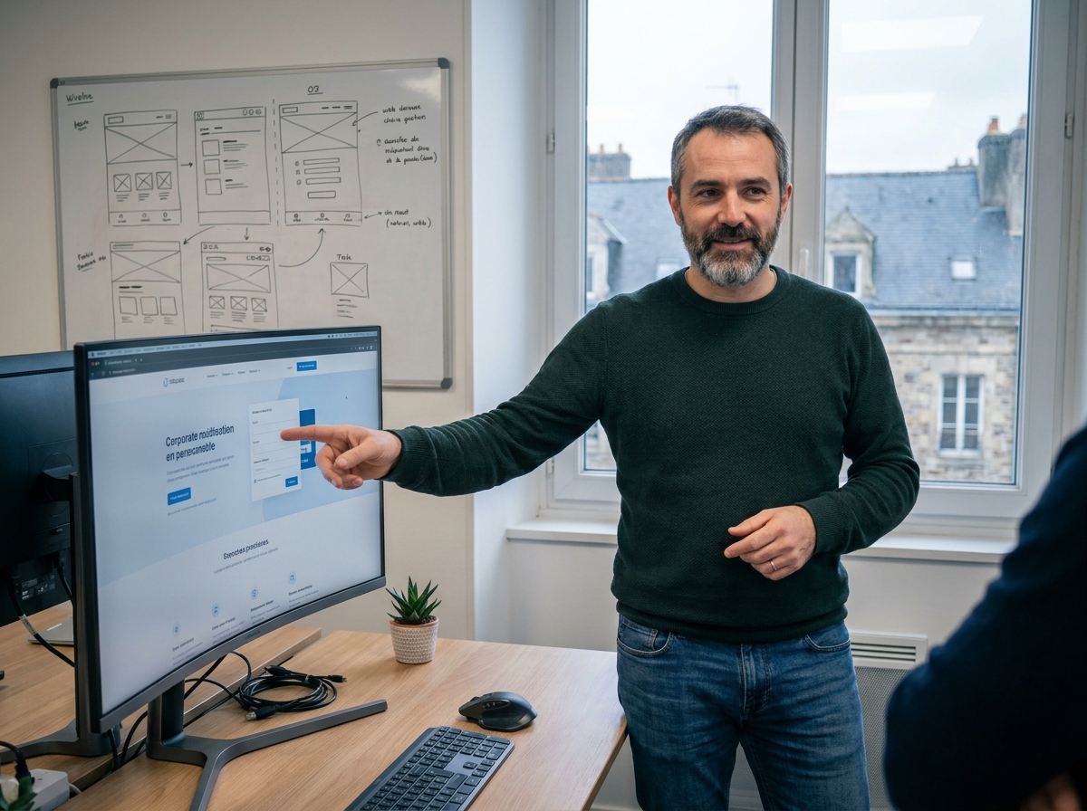 Développeur web professionnel expliquant la conception d'un site internet à son agence à Nantes