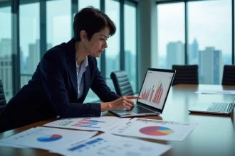 Directrice des risques analysant un tableau de bord KRI avec indicateurs de performance lors d'une réunion de comité de direction