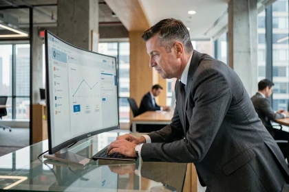 Dirigeant d'entreprise analysant un tableau de bord SaaS sur grand écran dans un bureau moderne avec vue urbaine
