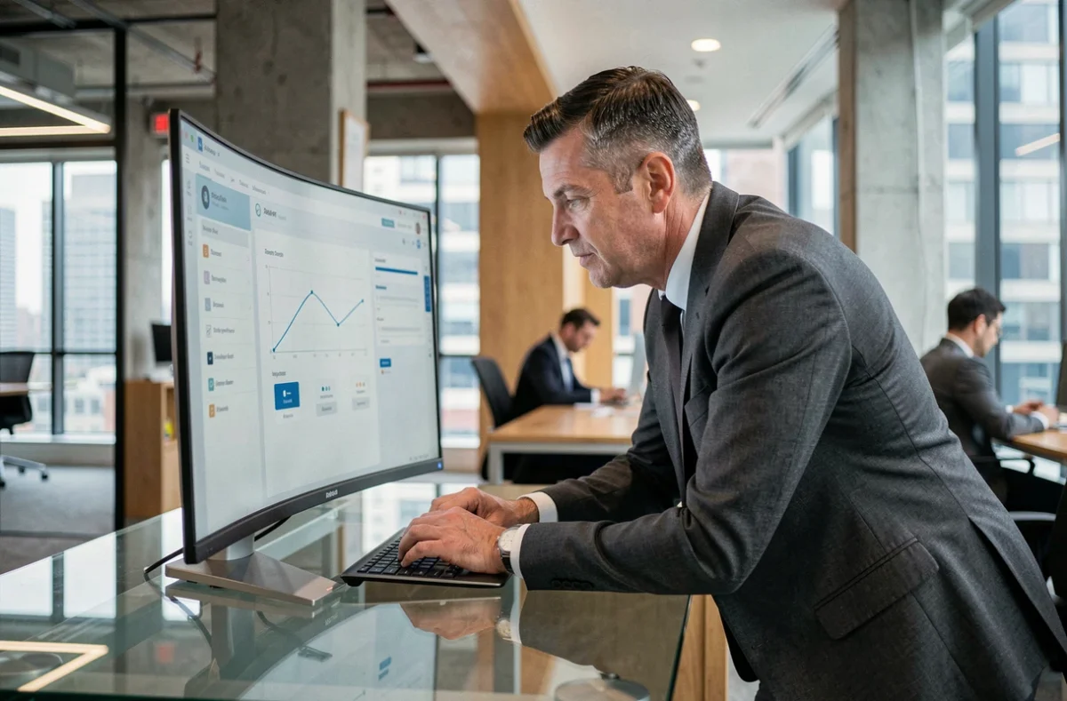 Dirigeant d'entreprise analysant un tableau de bord SaaS sur grand écran dans un bureau moderne avec vue urbaine