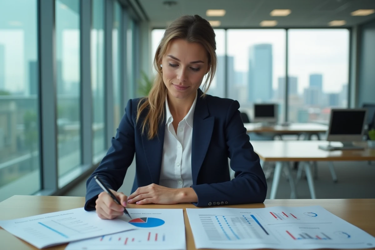 Dirigeante d'entreprise consultant des bilans financiers et documents officiels sur un bureau moderne