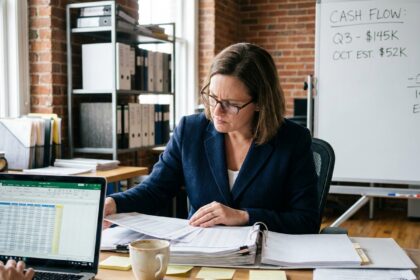 Dirigeante de PME analysant des documents financiers et tableaux de trésorerie sur un bureau encombré de feuilles de calcul imprimées