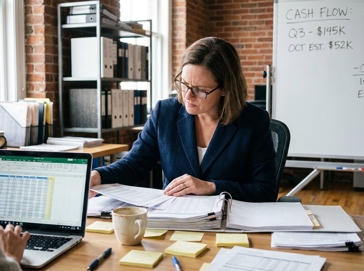 Dirigeante de PME analysant des documents financiers et tableaux de trésorerie sur un bureau encombré de feuilles de calcul imprimées