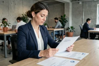 Femme d'affaires consultant des documents de domiciliation d'entreprise dans un espace de coworking du 93