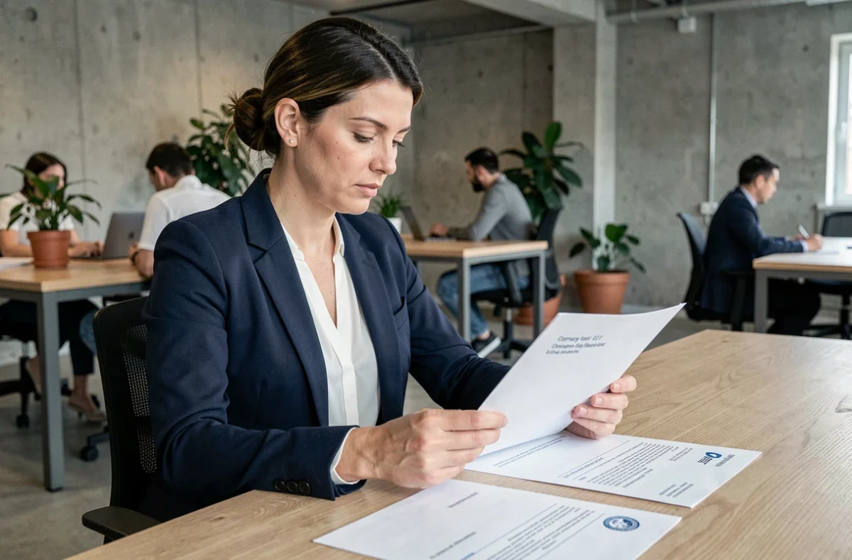 Femme d'affaires consultant des documents de domiciliation d'entreprise dans un espace de coworking du 93