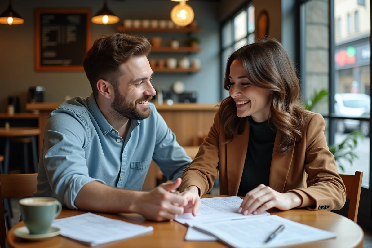 Deux jeunes entrepreneurs discutant d'un guide de création de business dans un café