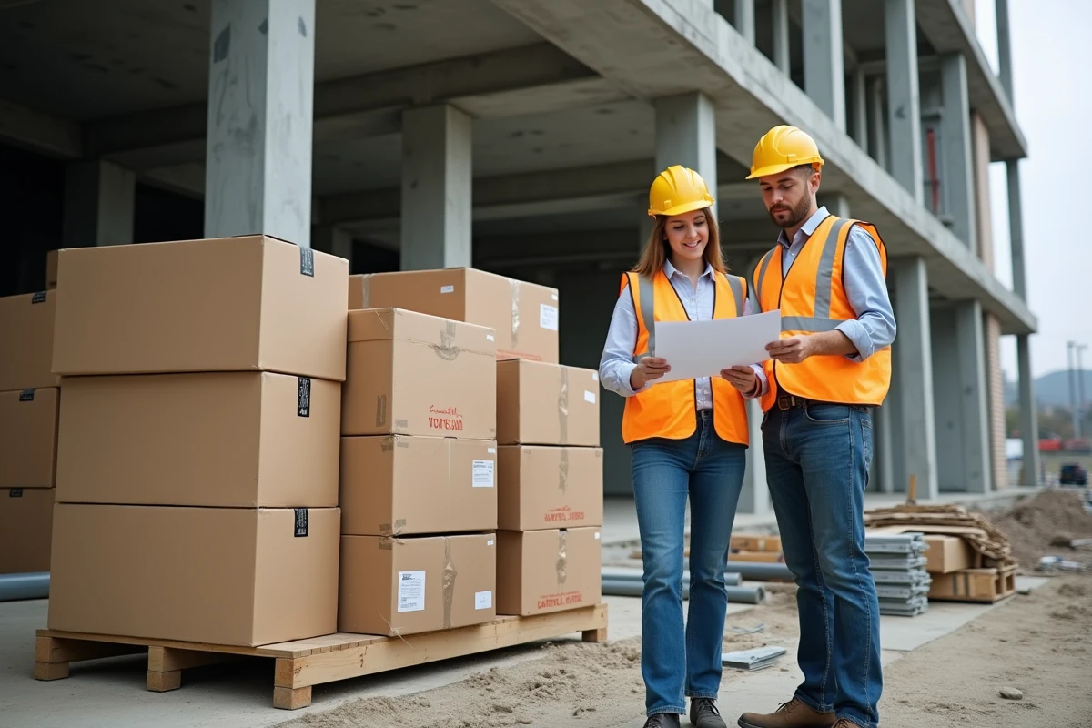 Deux électriciens professionnels vérifiant une commande groupée de matériel électrique livrée sur un chantier de construction commercial
