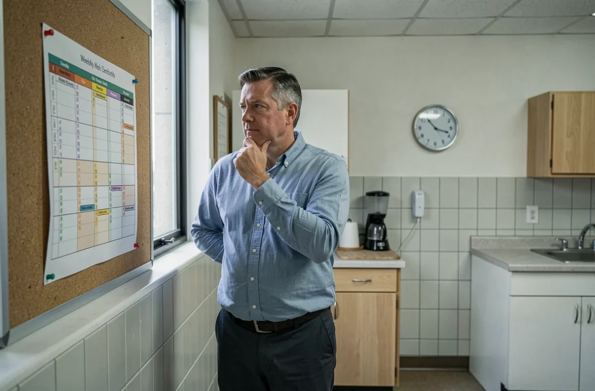 Employé à temps partiel consultant ses horaires de travail affichés dans une salle de pause, questionnement sur les abus d'organisation du temps de travail