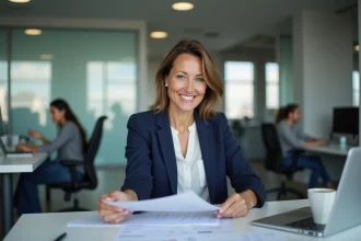 Employée Chronopost consultant ses avantages CSE sur un ordinateur portable dans un bureau moderne