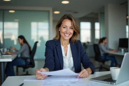 Employée Chronopost consultant ses avantages CSE sur un ordinateur portable dans un bureau moderne