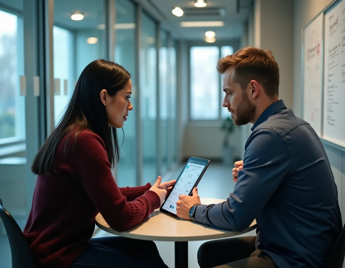 Deux employés d'une petite entreprise consultant ensemble une interface de gestion de documents salariaux sur une tablette en salle de réunion