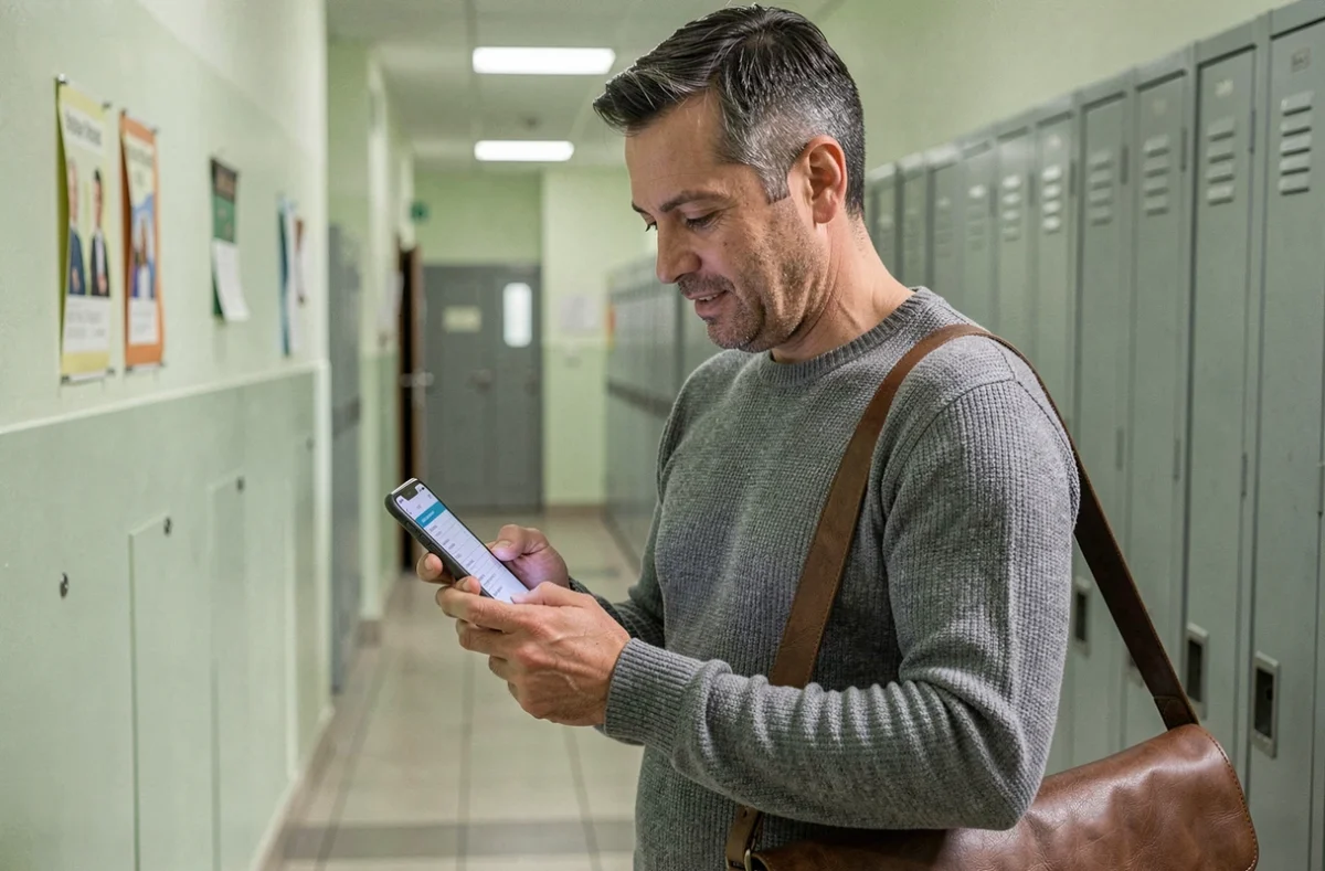 Enseignant consultant son calendrier de versement de salaire sur smartphone dans un couloir d'école