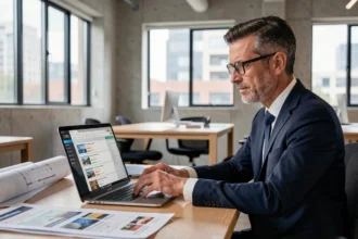 Chef d'entreprise BTP consultant une plateforme B2B en ligne pour diversifier ses sources de marchés hors appels d'offres