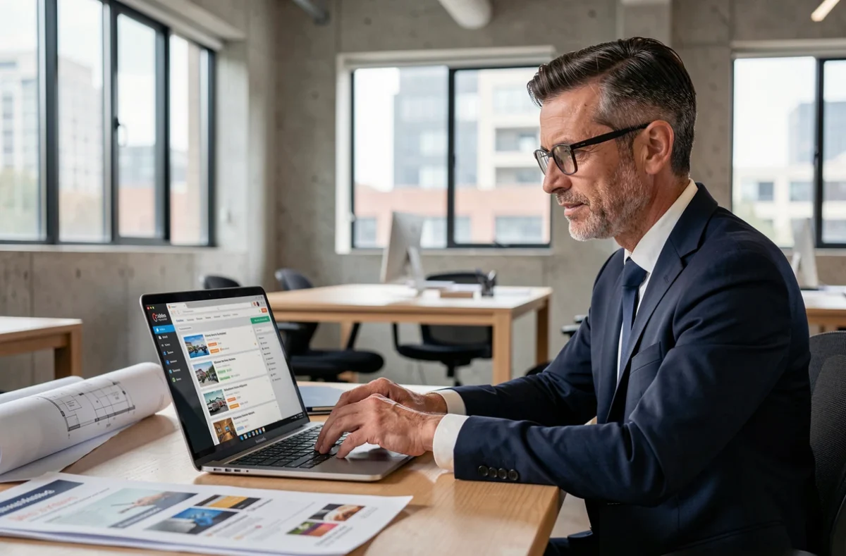 Chef d'entreprise BTP consultant une plateforme B2B en ligne pour diversifier ses sources de marchés hors appels d'offres