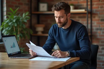 Entrepreneur débutant qui consulte un guide de création de business à son bureau à domicile