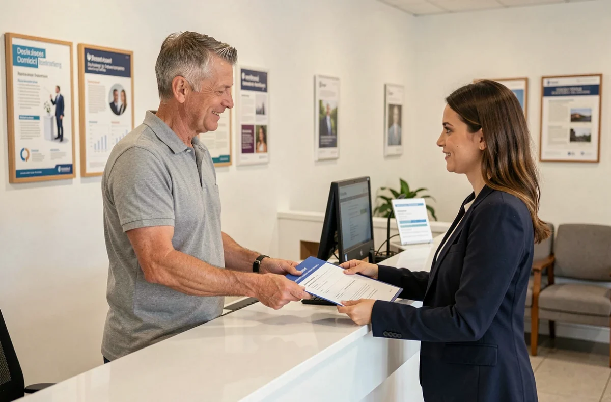 Entrepreneur remettant des documents d'immatriculation à un centre de domiciliation d'entreprise dans le 93