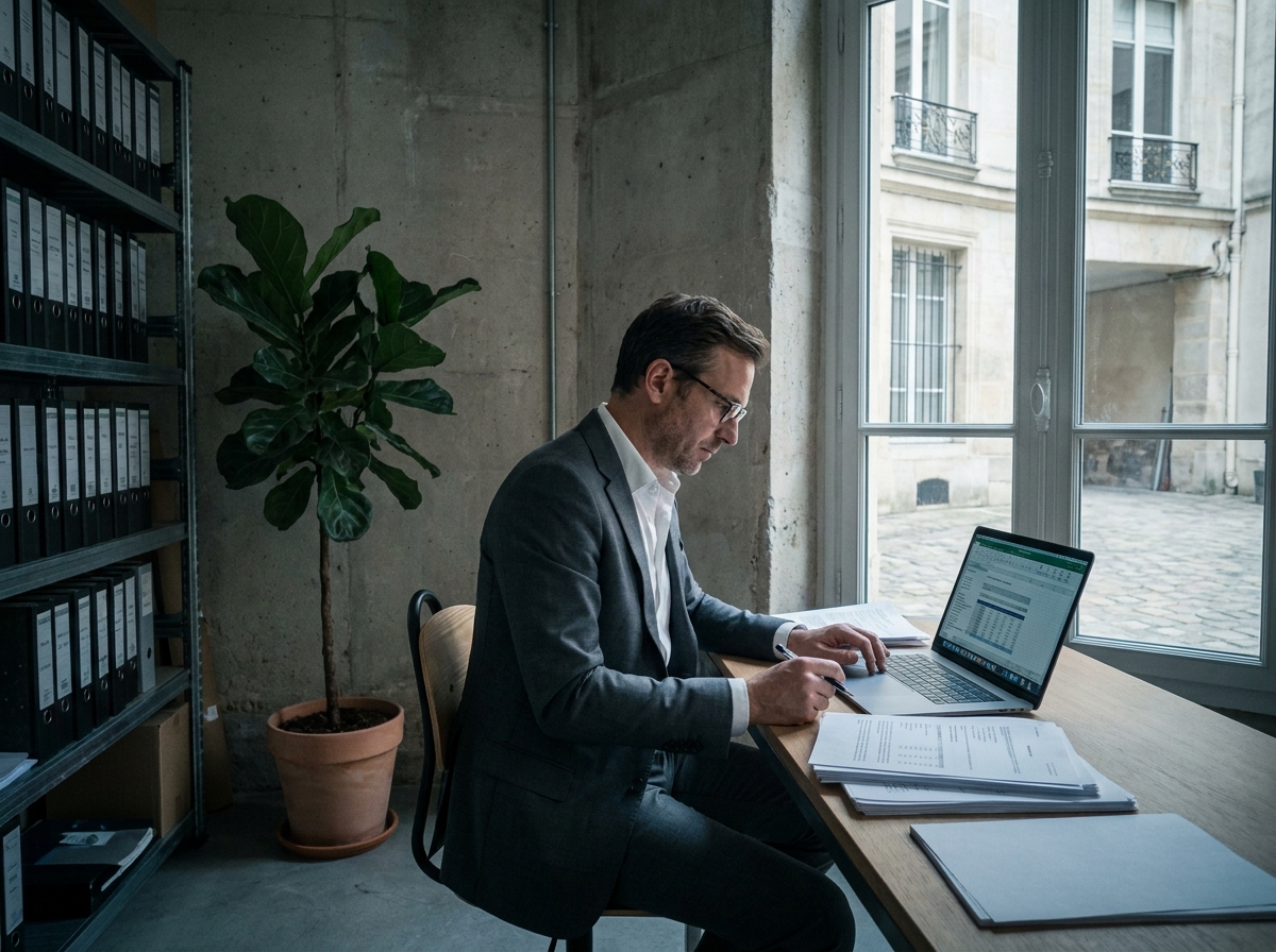 Entrepreneur analysant les coûts de son magasin d'optique dans un bureau parisien moderne