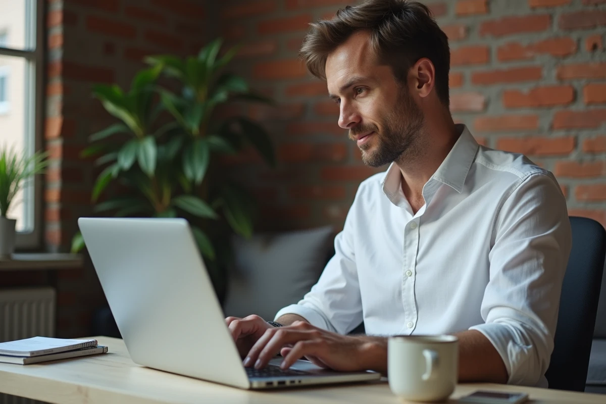 Entrepreneur consultant le site de l'INPI sur un ordinateur portable dans un bureau à domicile