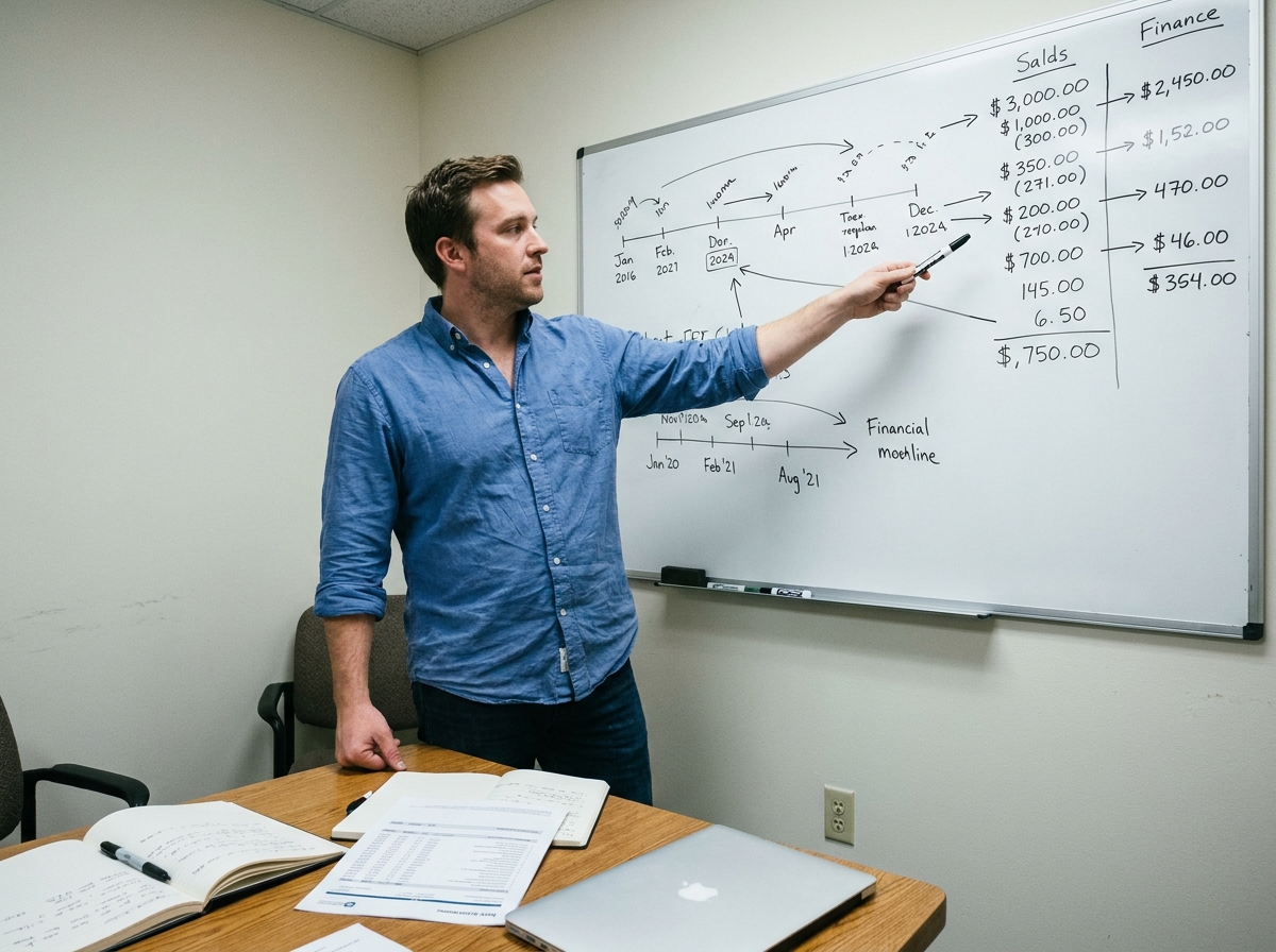 Entrepreneur PME devant un tableau blanc avec des projections de flux de trésorerie manuscrites dans une salle de réunion