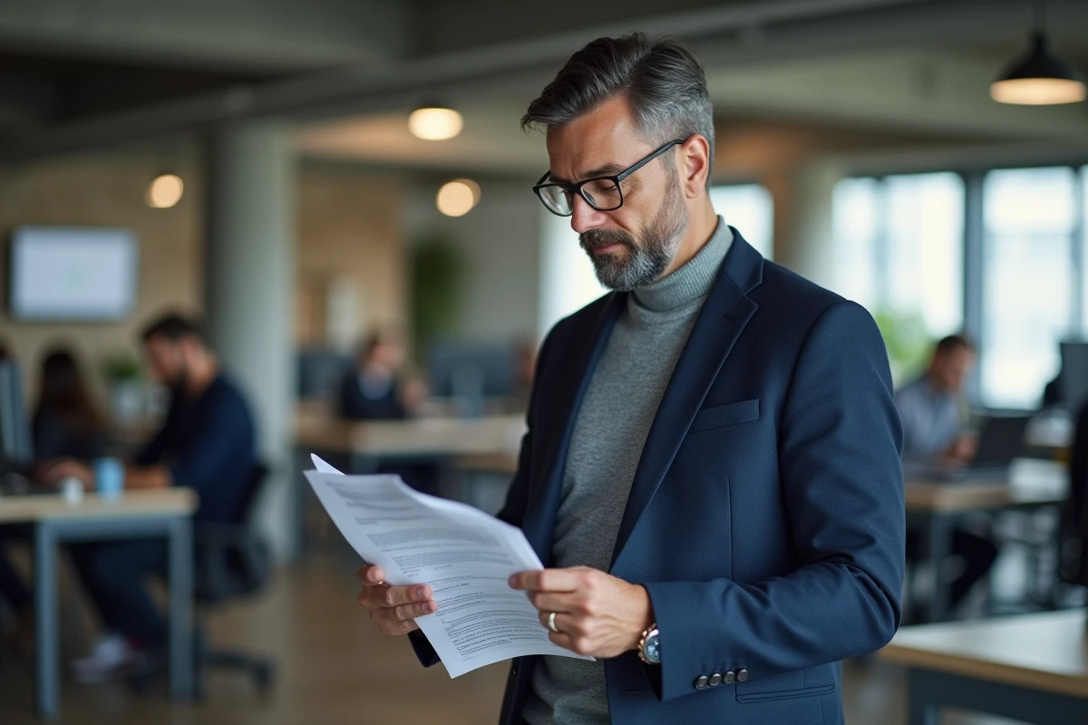Entrepreneur masculin examinant un extrait Kbis lié à son inscription au répertoire Sirene