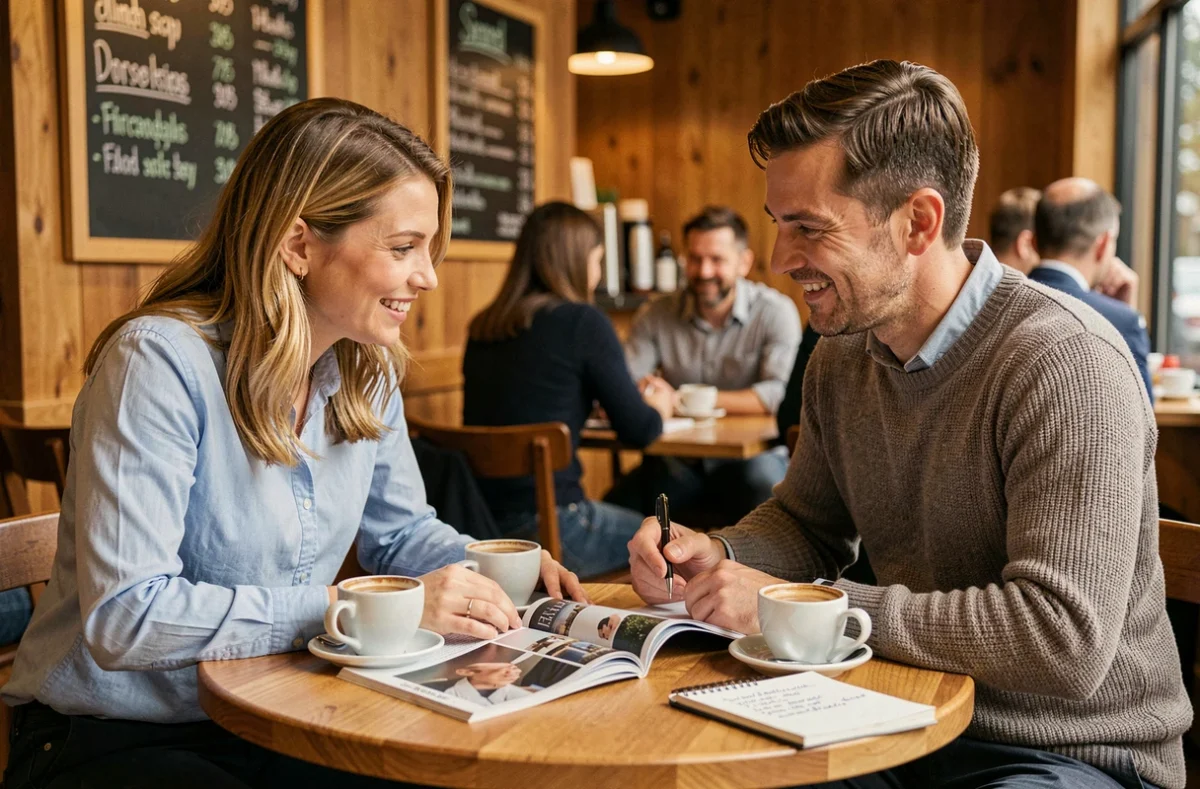 Deux entrepreneurs de TPE échangeant autour d'un magazine de business dans un café pour élaborer leur stratégie d'entreprise