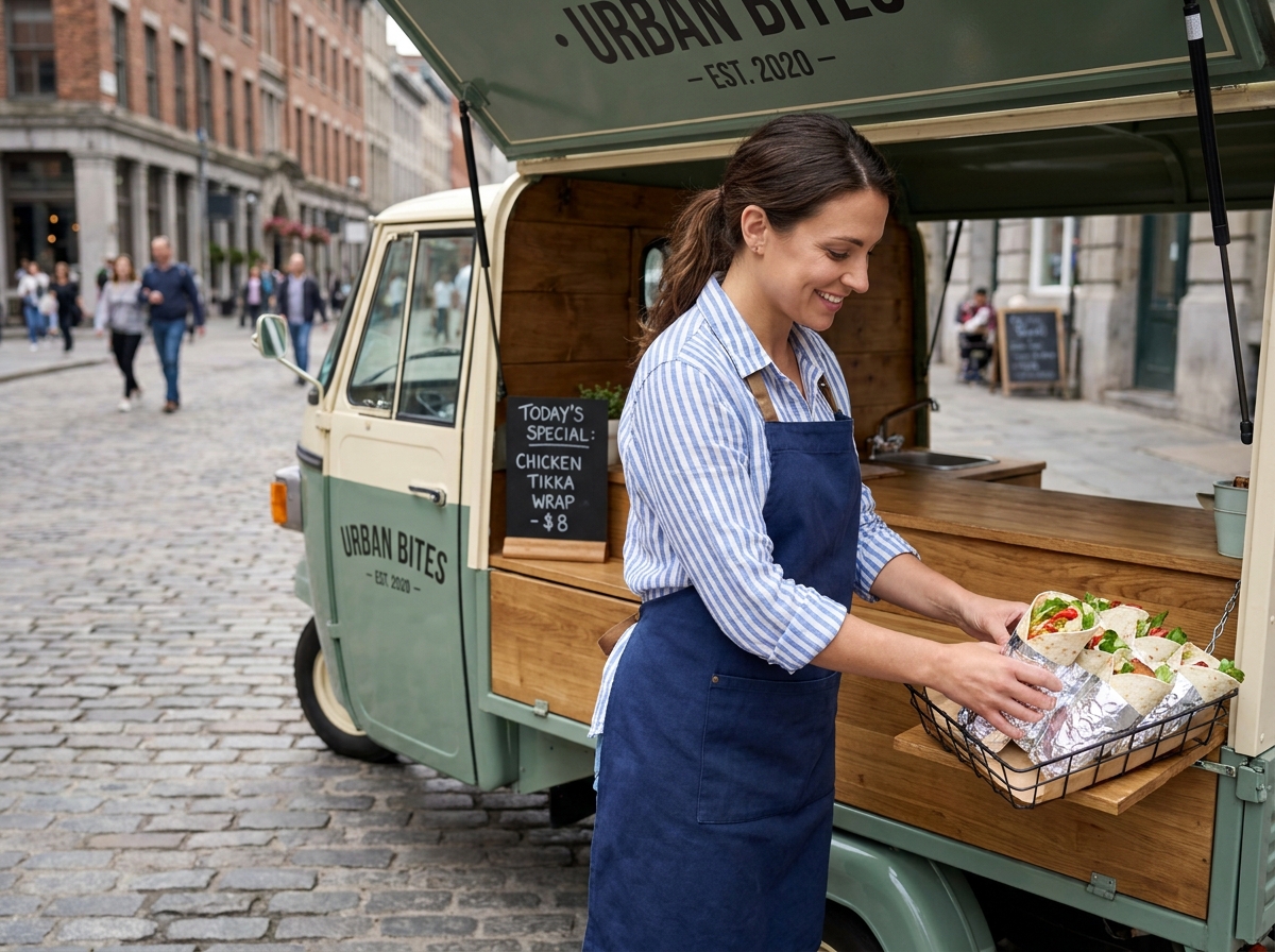 Femme entrepreneur gérant un triporteur food truck dans une rue piétonne urbaine avec menu ardoise et comptoir bois