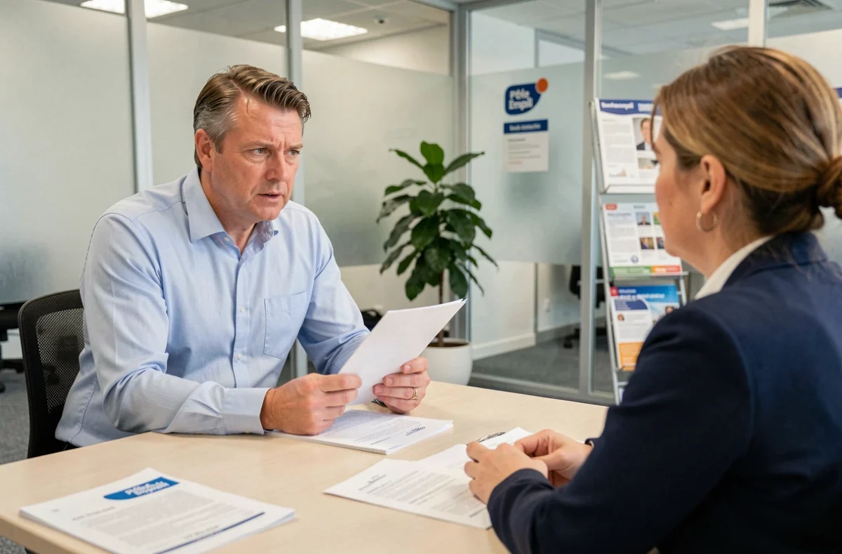 Salarié en entretien avec un conseiller emploi pour comprendre les règles de cumul du CSP et des allocations chômage
