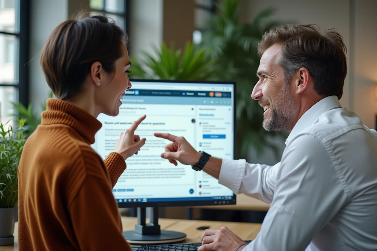 Deux collègues analysant la mise en forme d'un post LinkedIn avec gras italique et emojis sur un grand écran dans un espace de coworking
