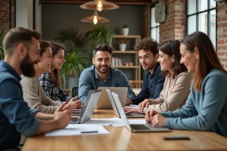 Groupe de professionnels en réunion dans un bureau moderne à Rennes