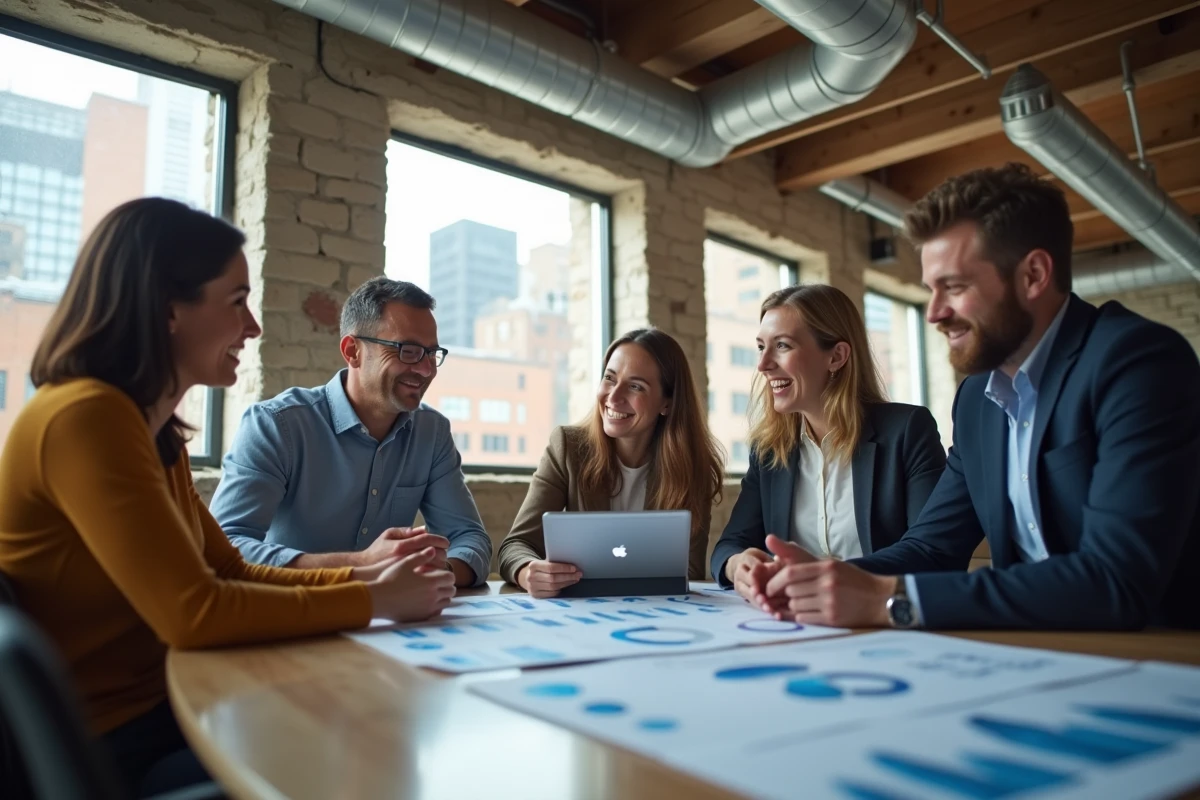 Groupe de professionnels discutant autour d