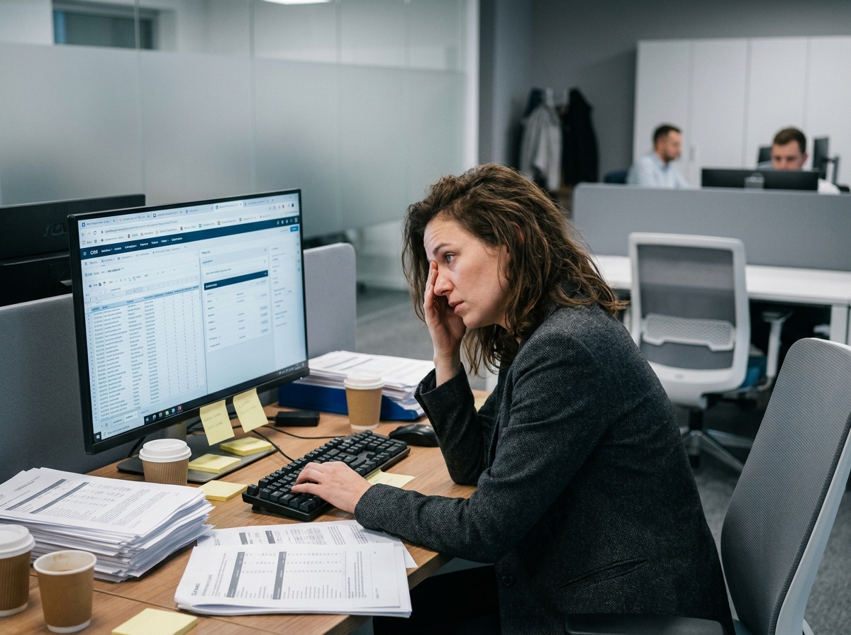 Commerciale B2B débordée à son bureau avec des données de prospection affichées sur écran, illustrant la saturation des équipes internes