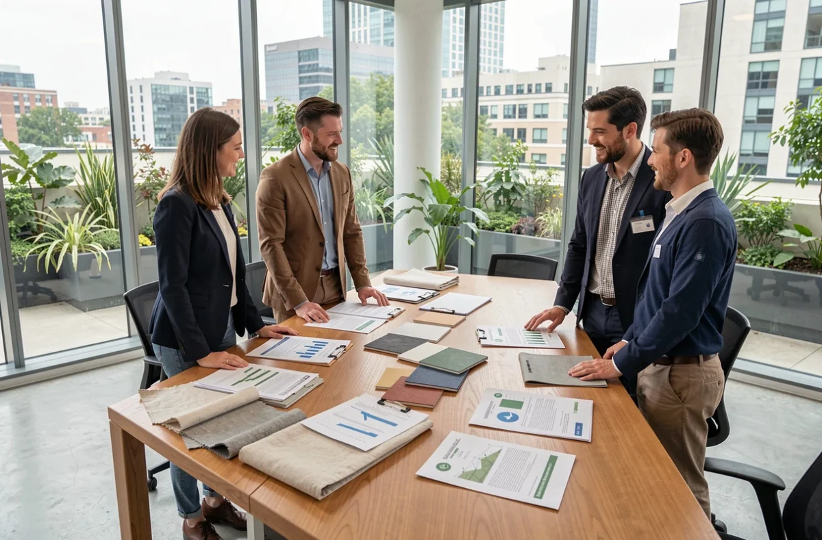 Équipe de responsables développement durable LVMH analysant des certifications éco-responsables et matériaux durables dans un bureau moderne à Paris