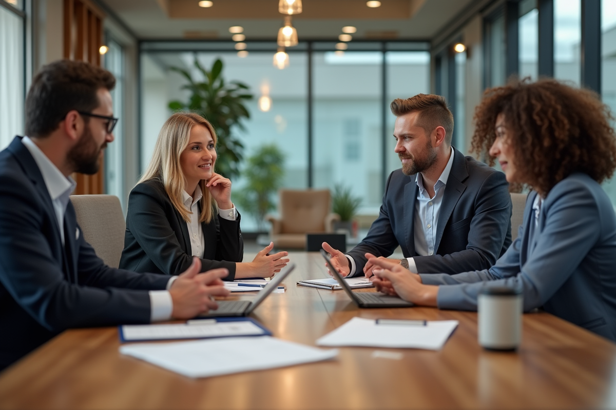 Groupe diversifié en réunion dans un bureau moderne