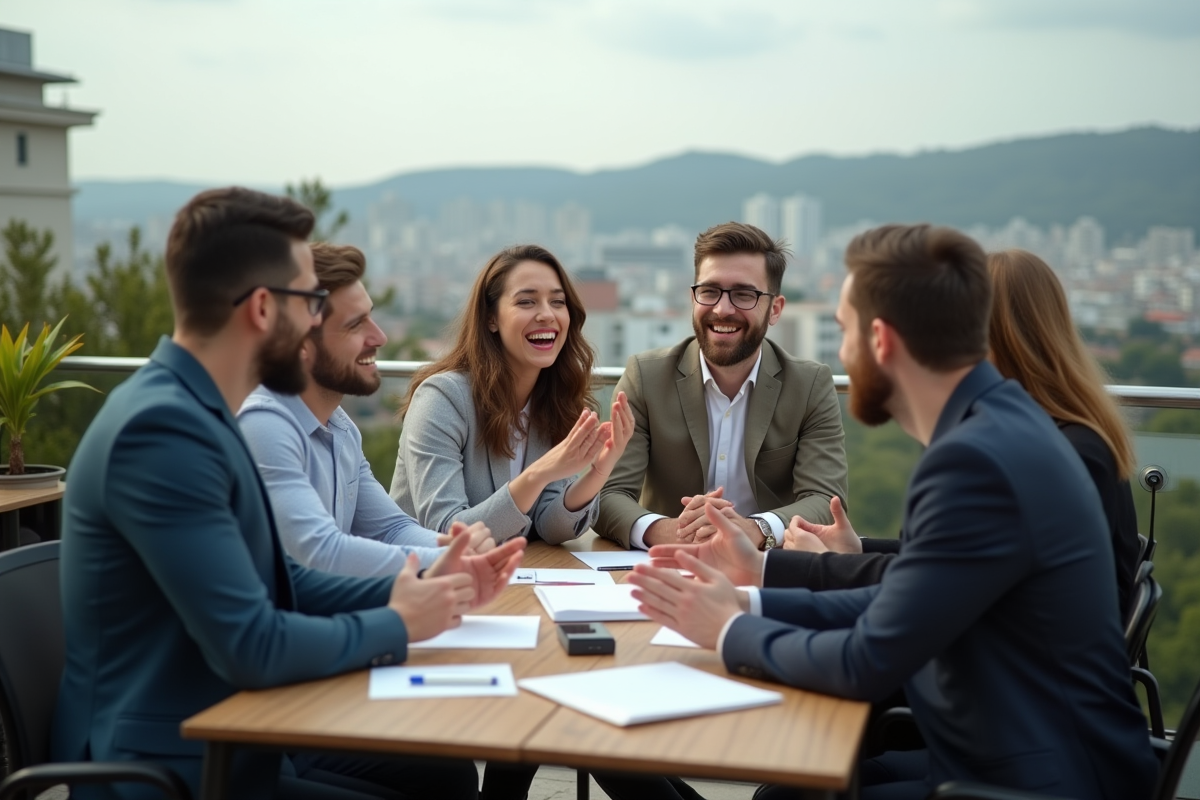 Jeunes professionnels discutant sur une terrasse urbaine