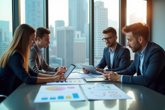 Groupe professionnel en réunion marketing dans un bureau moderne