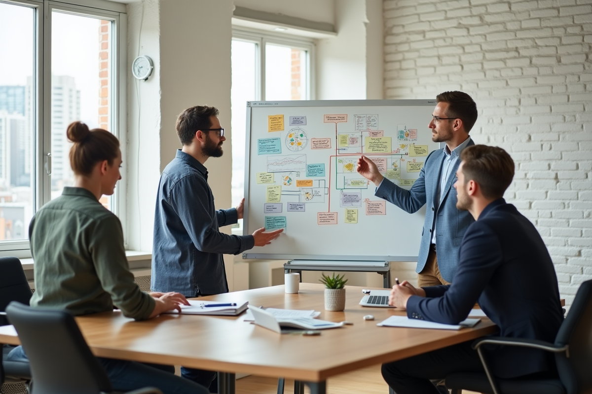 Groupe de trois professionnels planifiant une stratégie marketing