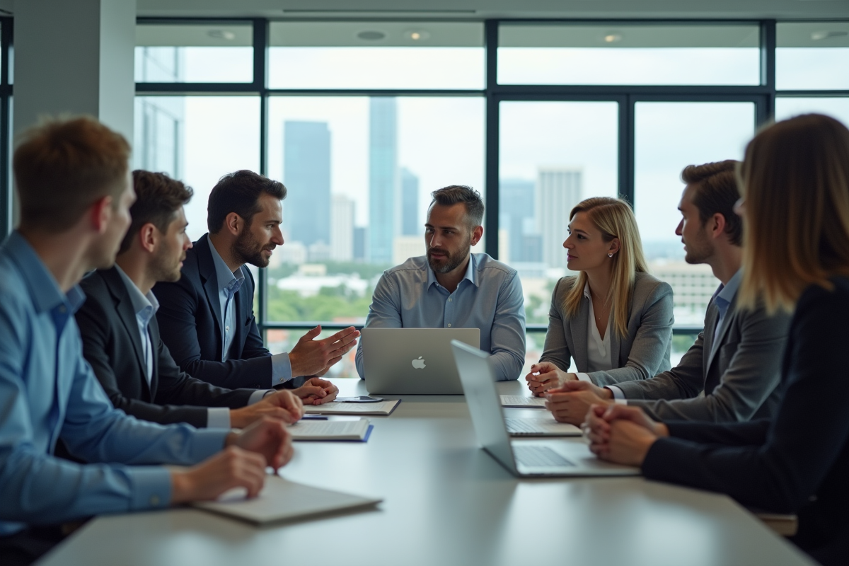 Groupe de professionnels en réunion dans un bureau lumineux